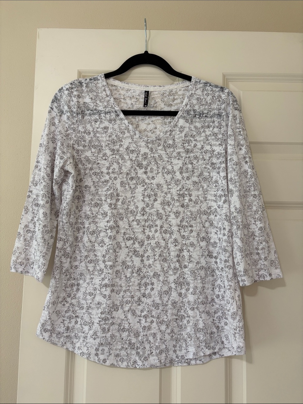 White and Gray Floral V-Neck Women's Top